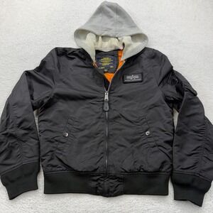 Alpha Industries Bomber Jacket Hooded Black MA-1 Mens Small Lightweight